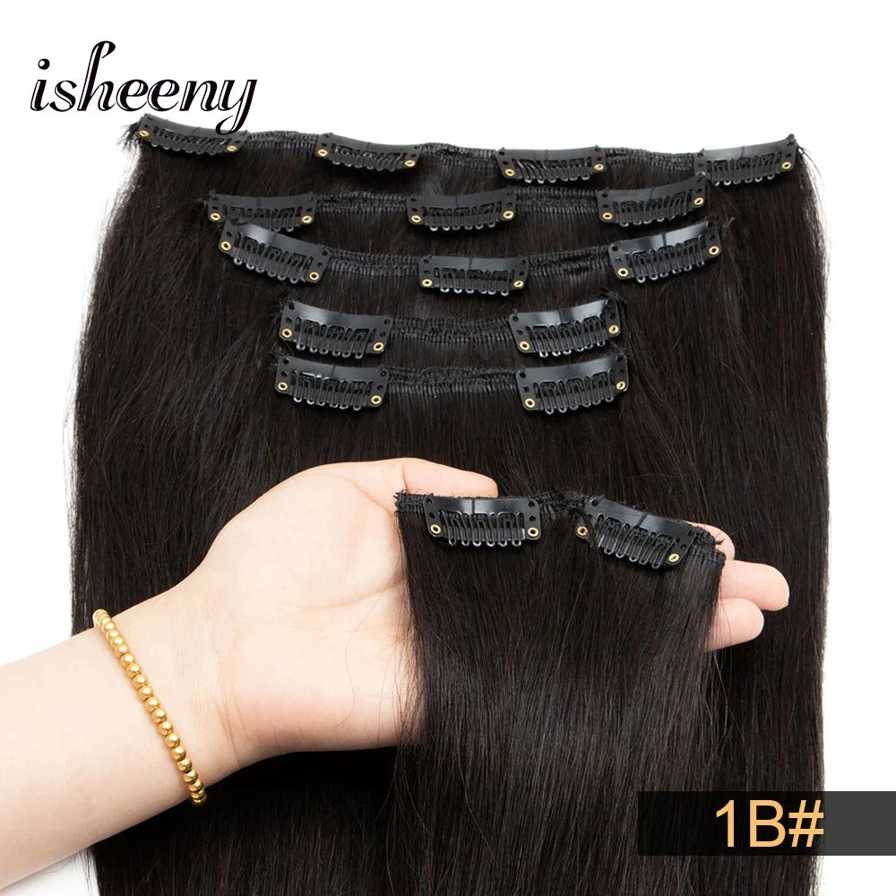 Isheeny 12"-24" Clip In Human Hair Extensions Brazilian Remy Natural Clip Human Hair Extension Real Natural Clip On 50G-120G NEW