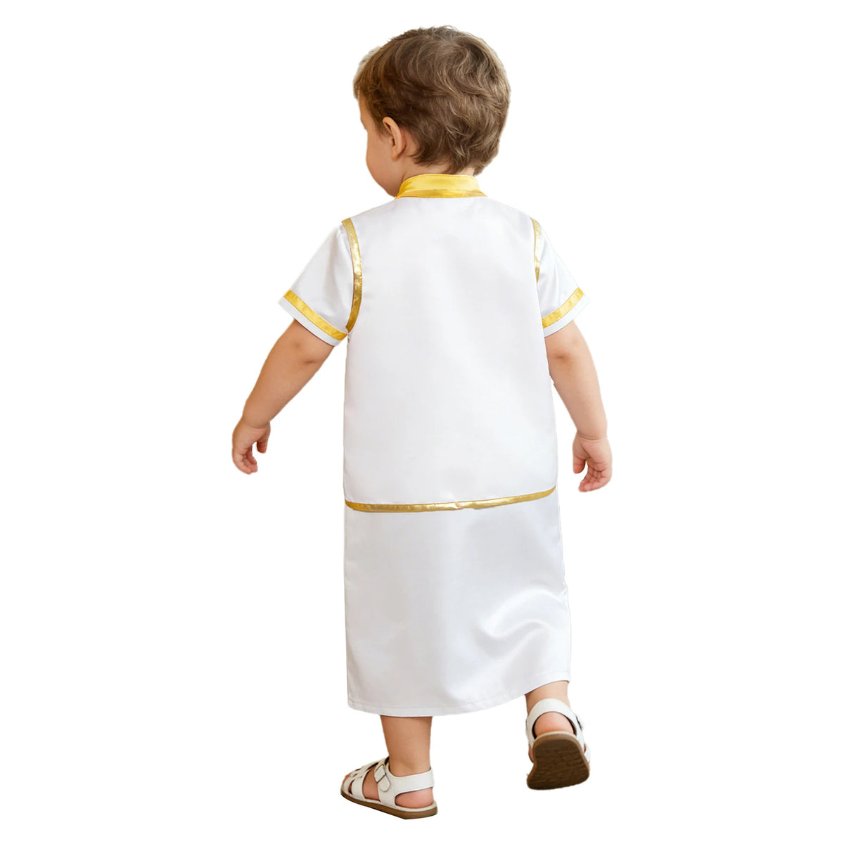 Muslim Baby Boys Robe Ramadan Eid Abaya Set Metallic Trim Arabic Islamic Kaftan Thobe Satin Gown with Open Front Tassel Vest