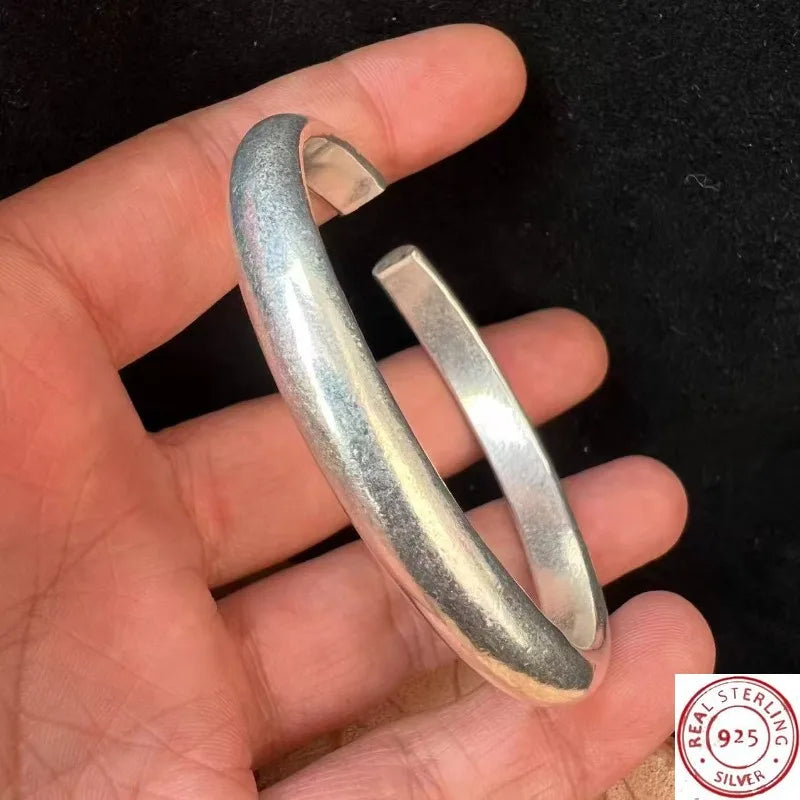 925 Sterling Silver Plain Bangle, Adjustable Open Design, Unisex Minimalist Jewelry