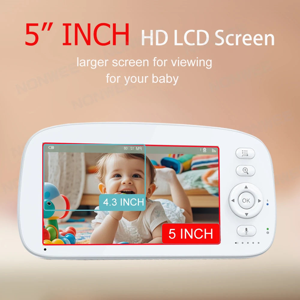 5" HD Baby Monitor | 2.4G FHSS, 5000mAh 35H | Temp Alert, VOX, 360°PT | 2WT, NV – CE/FCC
