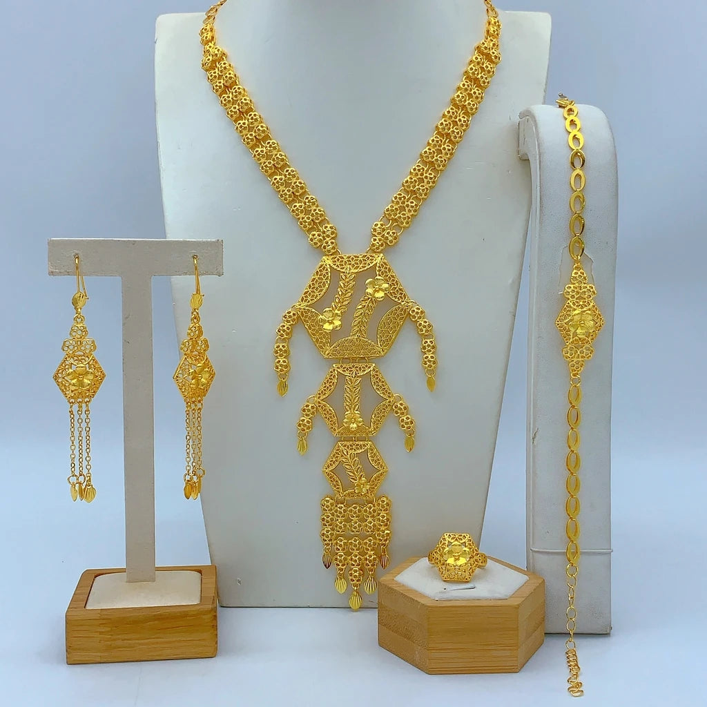 Ethiopian 24K Gold Color Jewelry Set For Women Bridal Nigerian Dubai Big Necklace Bracelet Earring Ring Sets Party Gift