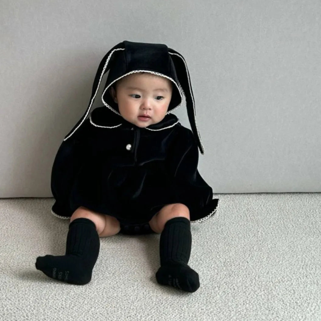 2025 Winter New Baby Girl Long Sleeve Warm Bodysuit + Cute Rabbit Hat 2pcs Set Toddler Girl Fleece Jumpsuit Infant Clothes
