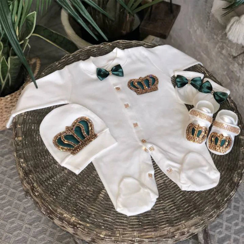 Dollbling Newborn 5pcs Layette Outfits Set Baby Tuxedo Outfit 0-3M Handmade Embroidery Wheat Jewels Crown Parajams Gift Set