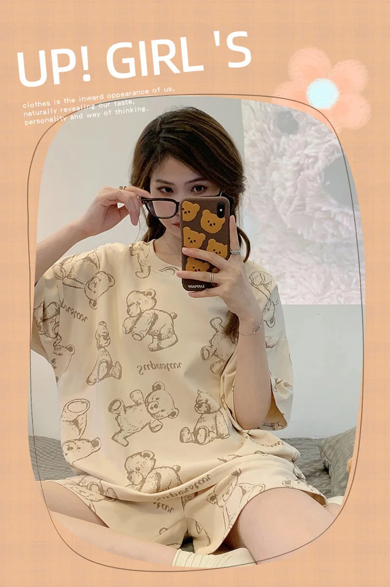 New Women's Pajamas Two-Piece Summer Thin Section Of Short-Sleeved Shorts Cute And Comfortable Milky Outwear Homewear Suit