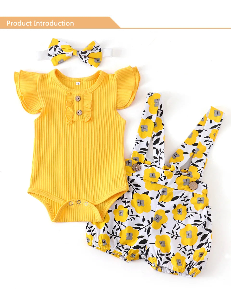 Summer Baby Girl Clothes Set Fashion Newborn Infant Knitting Cotton Ruffles Romper Shorts Bow Headband 3Pcs For Toddler Outfits