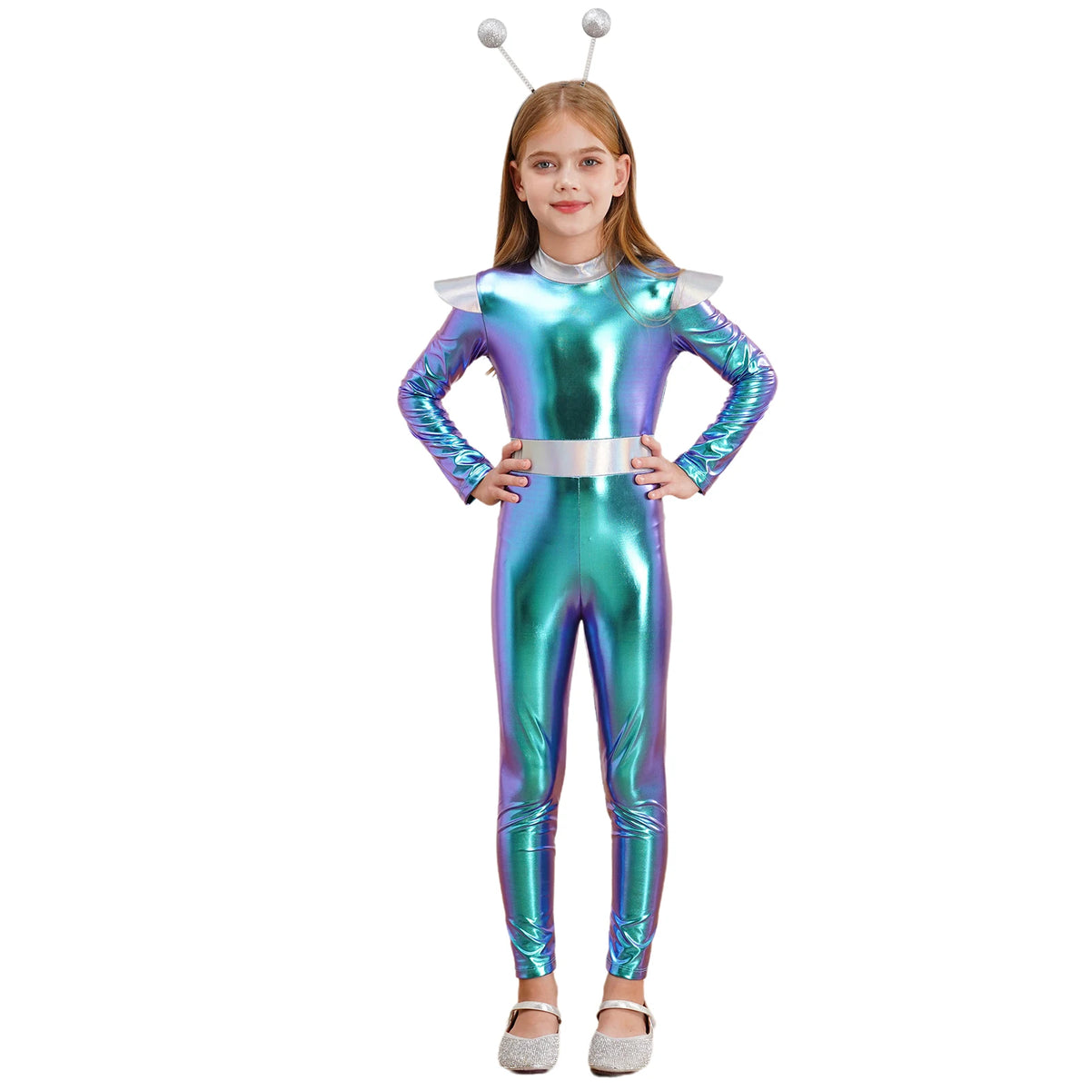 Kids Boys Girls Halloween Carnival Alien Cosplay Performance Costume Long Sleeve Metallic Shiny Space Jumpsuit with Hair Hoop