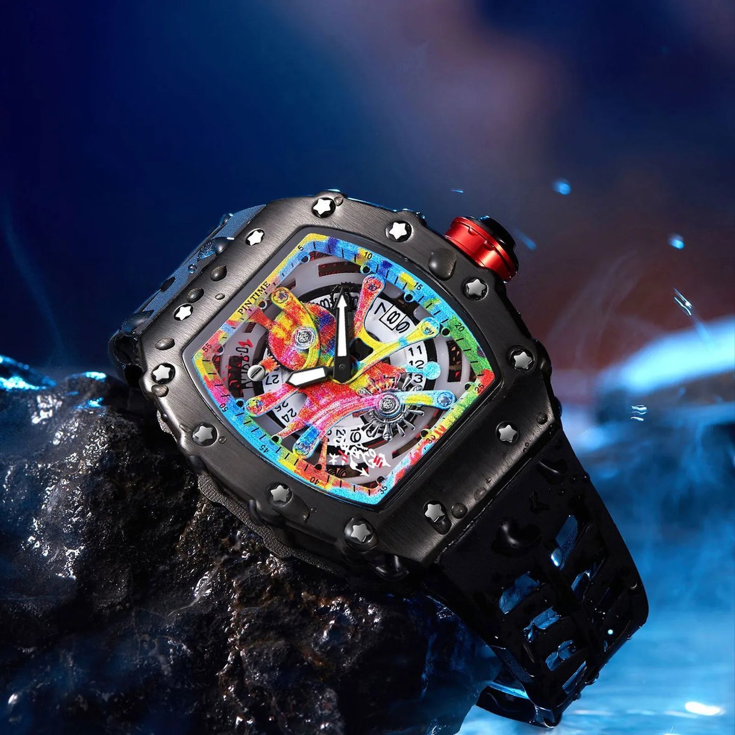 High-end Colored Hip Hop Dial  PINTIME Watch for Men Silicone Strap Stainless Steel Case Fashion Waterproof Quartz Wristwatch