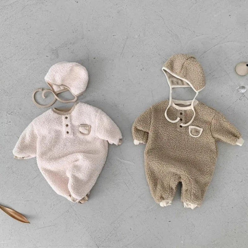 2026 Winter New Baby Warm Berber Fleece Romper + Hat Newborn Toddler Plus Velvet Thick Long Sleeve Jumpsuit Boy Girl Clothes