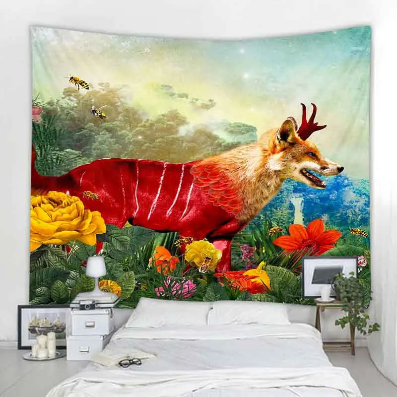 Psychedelic Animals Tapestry Wall Hanging Retro Tropical Plants Background Cloth Boho Hippie Kawaii Home Decor Yoga Mat Sheets