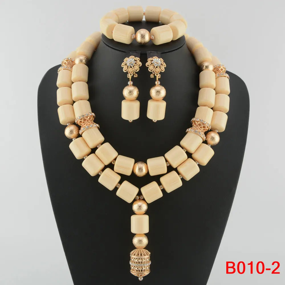 High Quality 2 Layers Artificial Coral Bead African Wedding Jewelry Set Women Necklace Nigeria Bride Party Gift