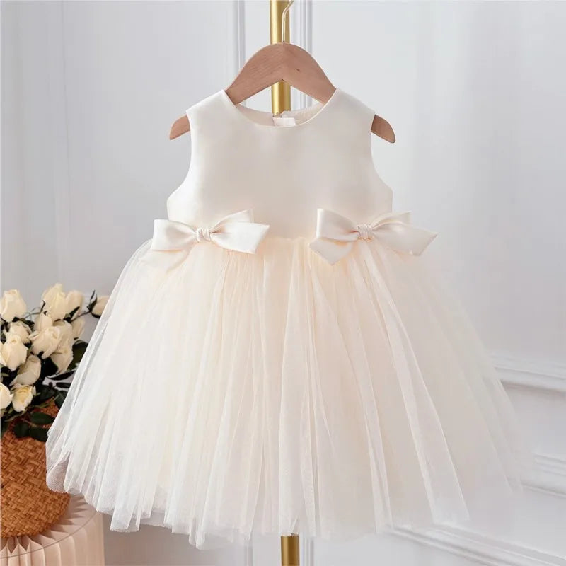 Baby Girl Princess Bow Silk Tutu Dress Sleeveless Infant Toddler Child Elegant Solid Vestido Birthday Party Baby Clothes 1-5Y