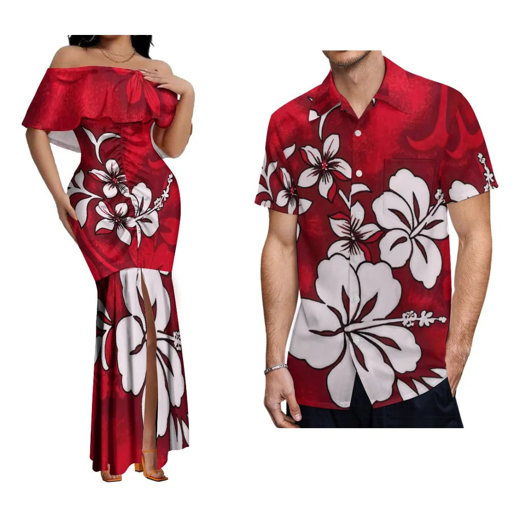 Polynesian Couple Set Custom Women'S One-Line Shoulder Lotus Skirt Men'S Short-Sleeved Shirt Banquet High-Quality Dress