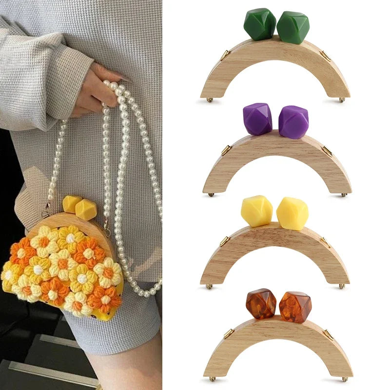 1PC Mini Handbag Bag Frame Matching Lock Wooden Bag Arched Bridge Handle with Colorful Resin Beads DIY Handicraft Accessories