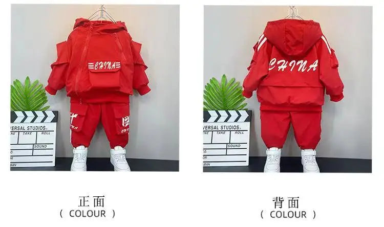 Baby Boys' Clothing Set Spring and Autumn New Handsome Children's Hooded Jacket Pants Two Piece Clothing Sports Set 2-9Y