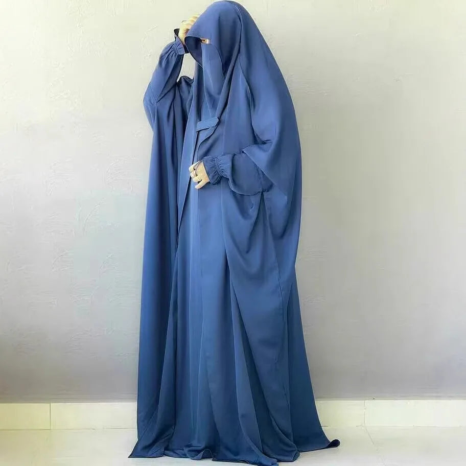 Muslim Abaya Hooded Smocking Sleeve One-piece Prayer Dress Women Jilbab Islamic Clothing Dubai Saudi Black Robe Turkish Modesty