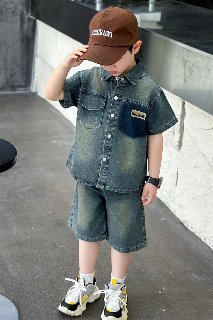 2025 Trendy Boys' Denim Set Vintage Wash Short Sleeve Shirt & Shorts 2-Piece Summer Outfit