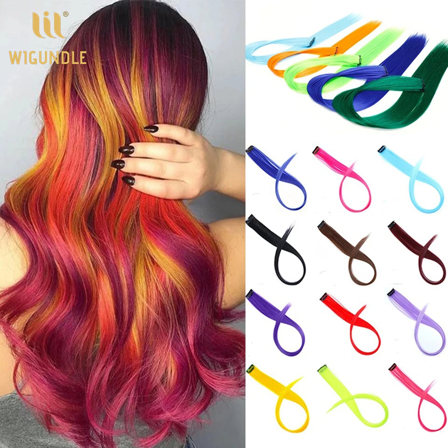 18 Color Clip Style Hair Extensions 22 Inch Color Hair Extensions High Gloss Long Straight Synthetic Wig For Children Women
