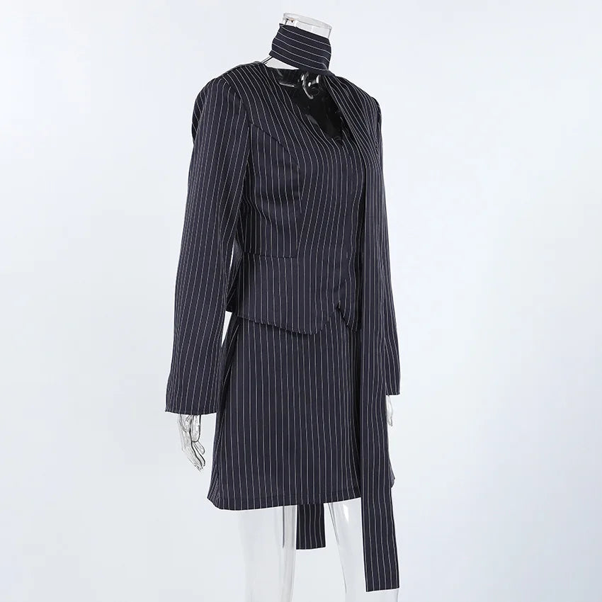 Women's Matching Sets 2026 Woman Navy Blue Striped V-neck Waist Small Suit Top Short A-shaped Skirt Women's Two-piece Set