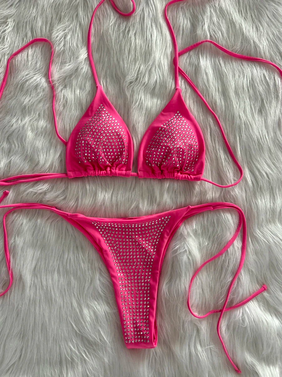 Shiny Sequin Diamond Bikini Women Swimwear Female Swimsuit Two-pieces Bikini Set Wrap Around Halter Bathing Suit Swim Beach Wear