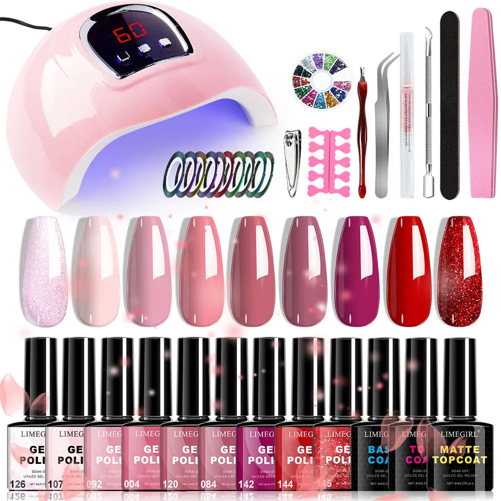 Limegirl DIY Nail Art Kit with 54W UV Nail Lamp 9 Colors Gel Polish Set Starter Kit for Beginners Complete Manicure Set