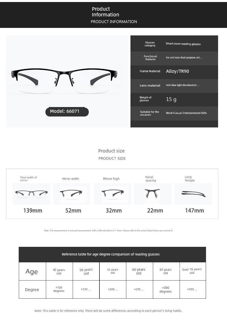 Reading Glasses Men's Automatic Adjustment Degree Intelligent Zoom Dual-Use HD Middle-Aged and Elderly Anti-blue Light Presbyopic Glasses