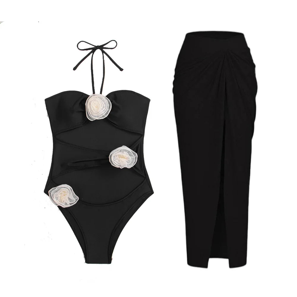 2024 Sexy Sling Ruffle Solid Two Pieces Bikini Women High Waist 3D Flower Swimsuit Skirt Summer Backless Beachwear Bathing Suit