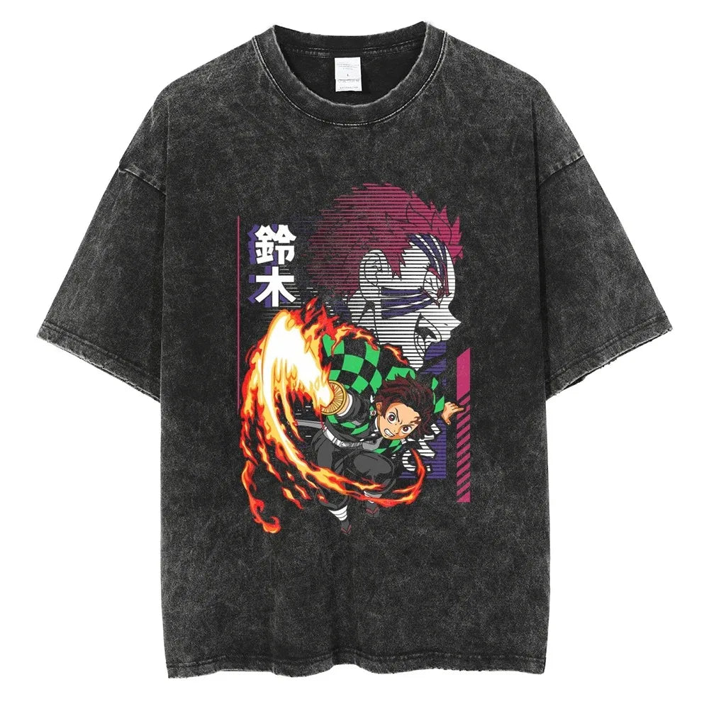 Hot Anime Demon Slayer Kokushibo Graphic T-Shirt Men Women Manga Tshirts Washed Cotton T Shirt Harajuku Unisex Vintage Top Tees