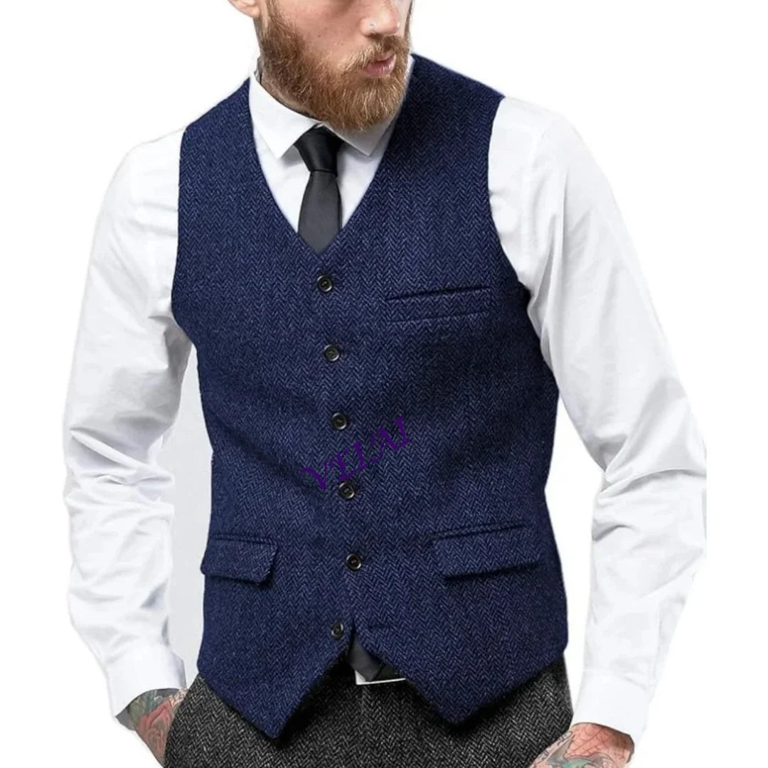 CustomizedMen's Vintage Herringbone Vest | Slim Fit Wool Tweed Waistcoat for Prom/Wedding (Classic Retro Style) Herringbone Weav