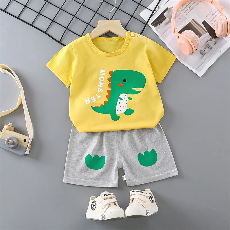 Girls Outfit Children Clothes Sets Baby Bow Tie Suit Boys Short-Sleeved T-Shirt Shorts 2 Pieces Kids Summer New Thin Costume
