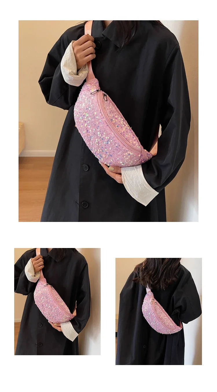 Light Luxury Zipper Fashion Women's Crossbody Bags New Best-selling Sweet Sequin Design Ladies Waist Packs Bolsas Femininas
