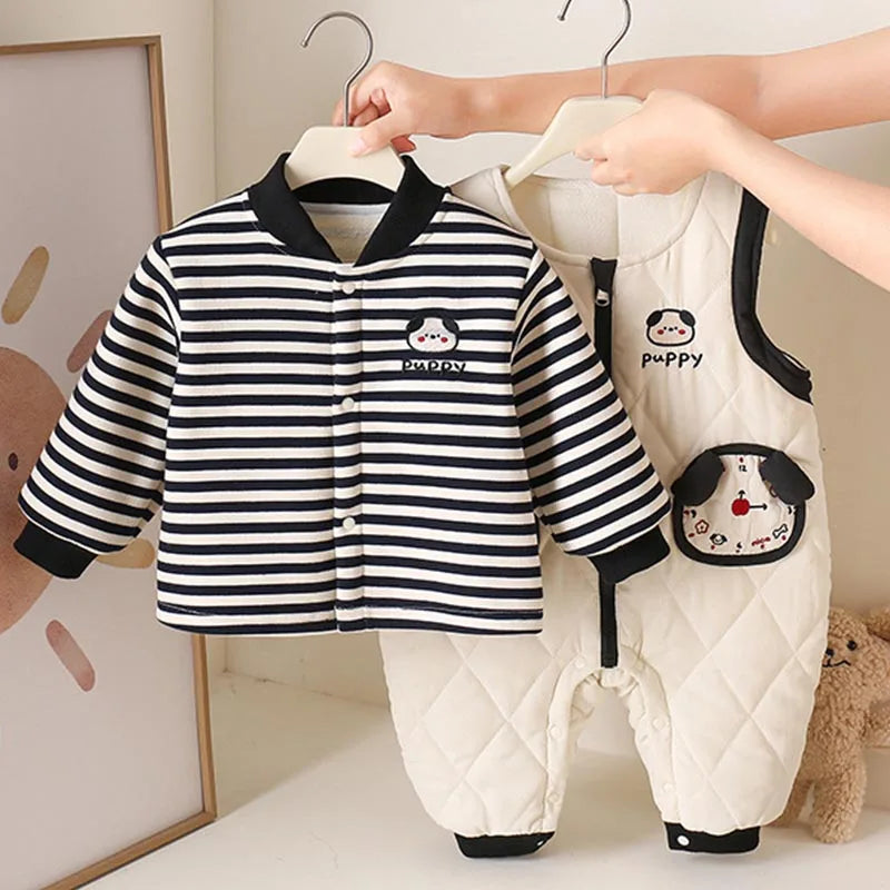 Baby Toddler Fall/Winter Clothing Newborn Thickened Separate Set Baby Boy Striped Sweatshirt Super Cute Quilted Overalls