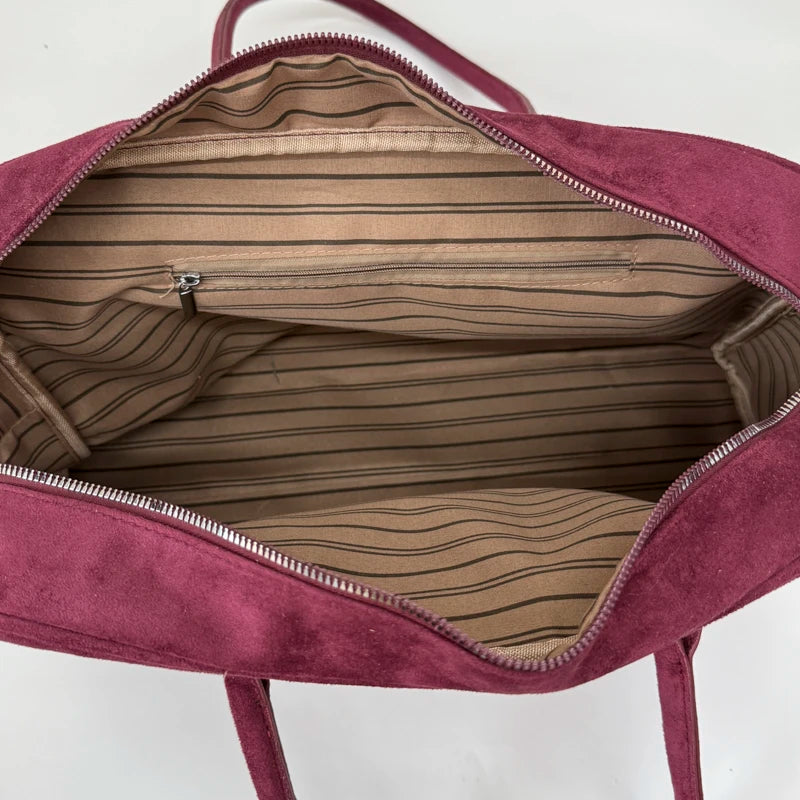 Vintage Women Business Shoulder Bags Simple Ladies Commute Tote Bag Suede Leather Female Underarm Bag Burgundy Large Handbags
