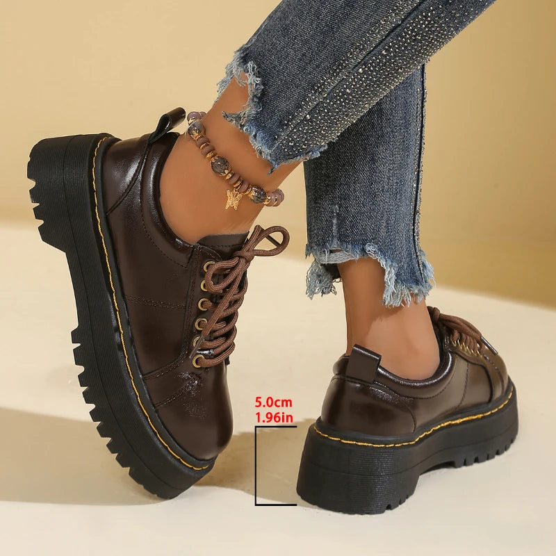 Thick Bottom Women's Low Top Soft Leather Round Toe Casual Student Lolita Flat Shoes Women Platforms Zapatos De Mujer