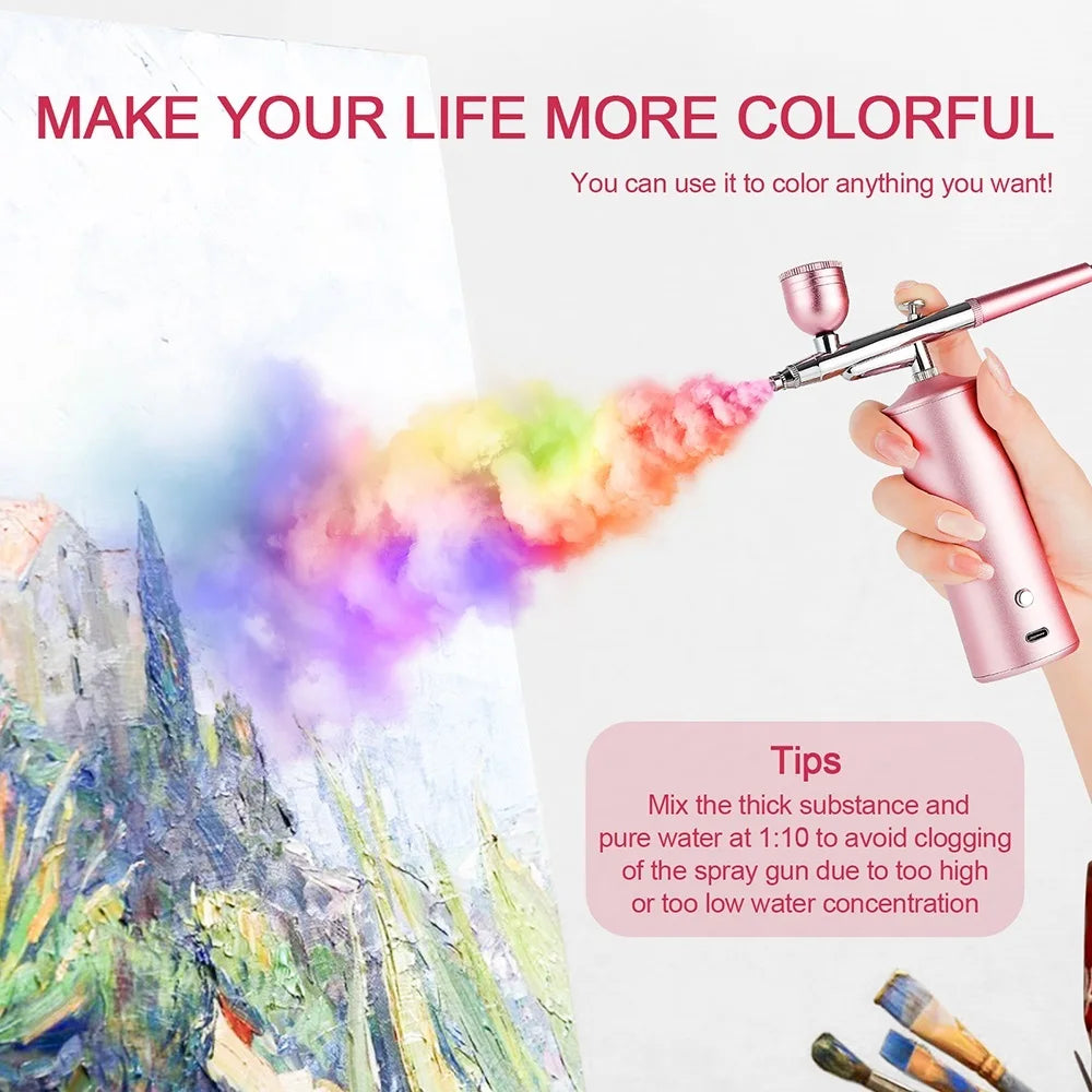 Top 0.3mm Pink Mini Air Compressor Kit Air-Brush Paint Spray Gun Airbrush For Nail Art Tattoo Craft Cake Nano Fog Mist Sprayer
