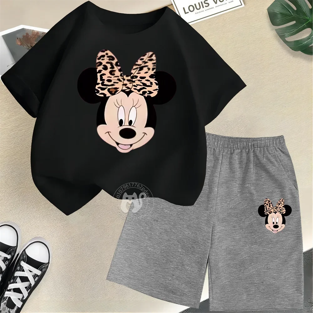 Summer Cartoon Boys & Girls 100% Cotton T-shirt + Shorts Kids Disney Open Minnie Print Fashion Street Boys & Girls Casual Suit