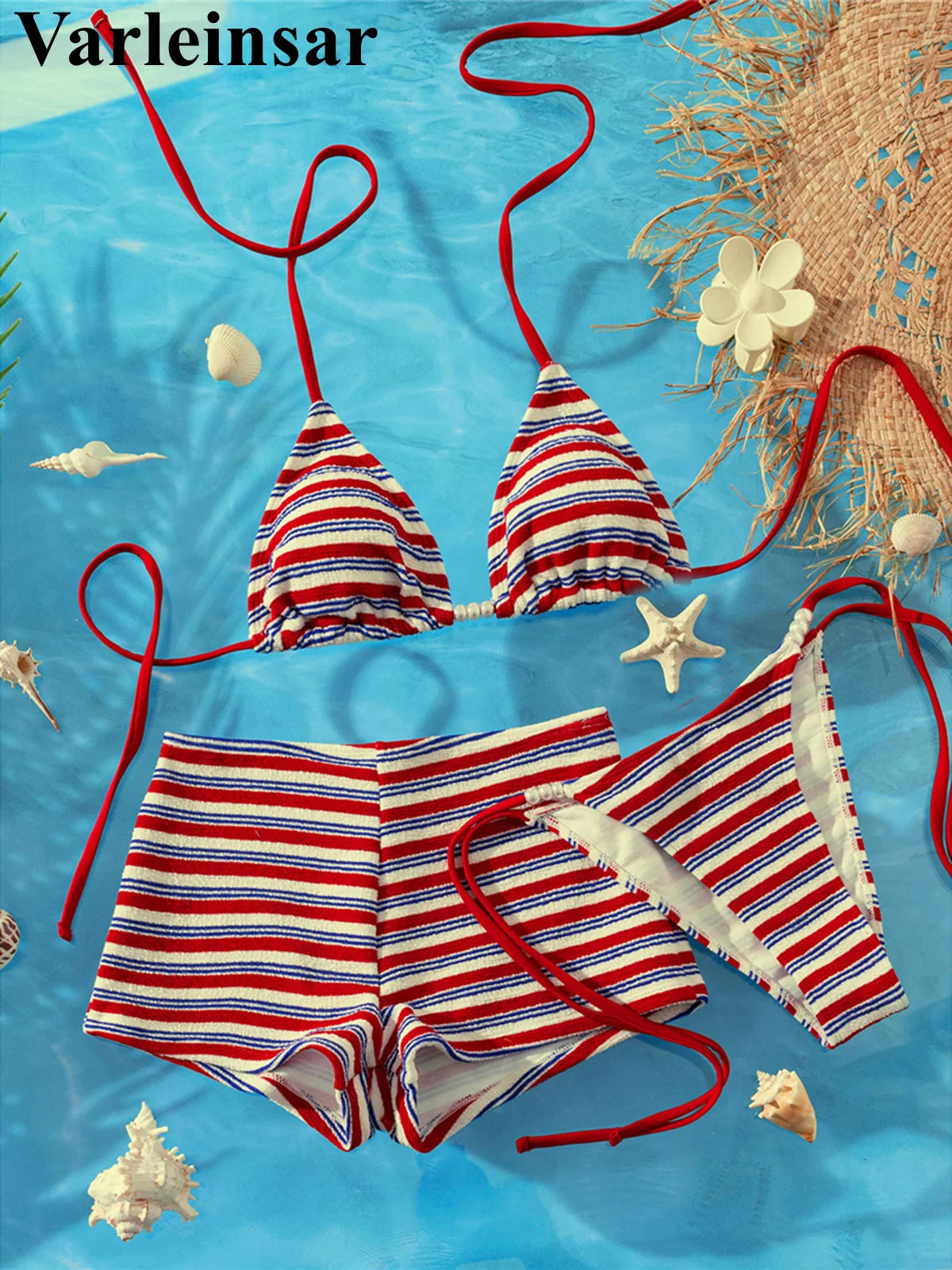 S - XL With Shorts Striped Halter Bikini Women Swimwear Female Swimsuit Three-Pieces Bikini Set Bather Bathing Suit Swim V8130