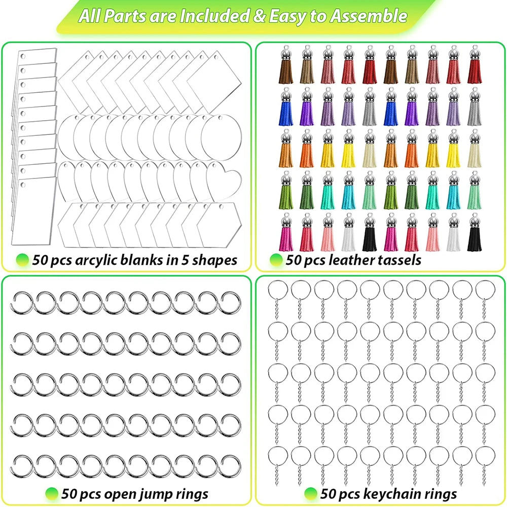 200Pcs Acrylic Keychain Blanks Bulk with 5 Shapes Clear Acrylic Disc Leather Tassel Charms Key Chains Jump Ring for DIY Craft