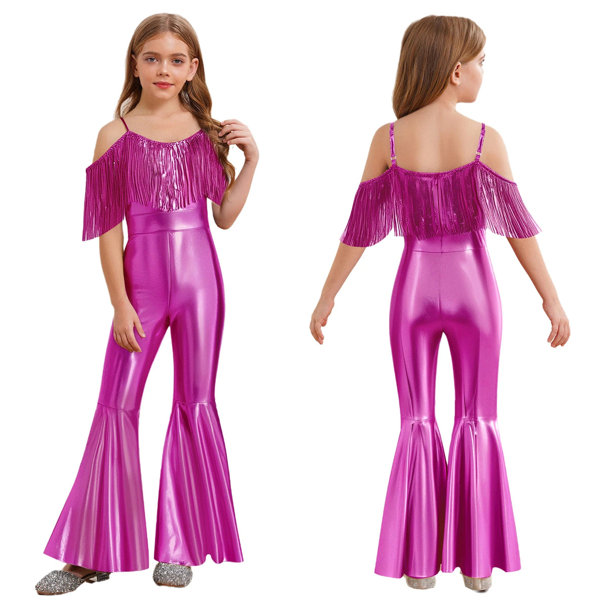 Shiny Halloween Hippie Costume for Kid Girls Sleeveless Sequins Tassels Disco Outfit 70s 80s Prom Flare Jumpsuit Party Costume