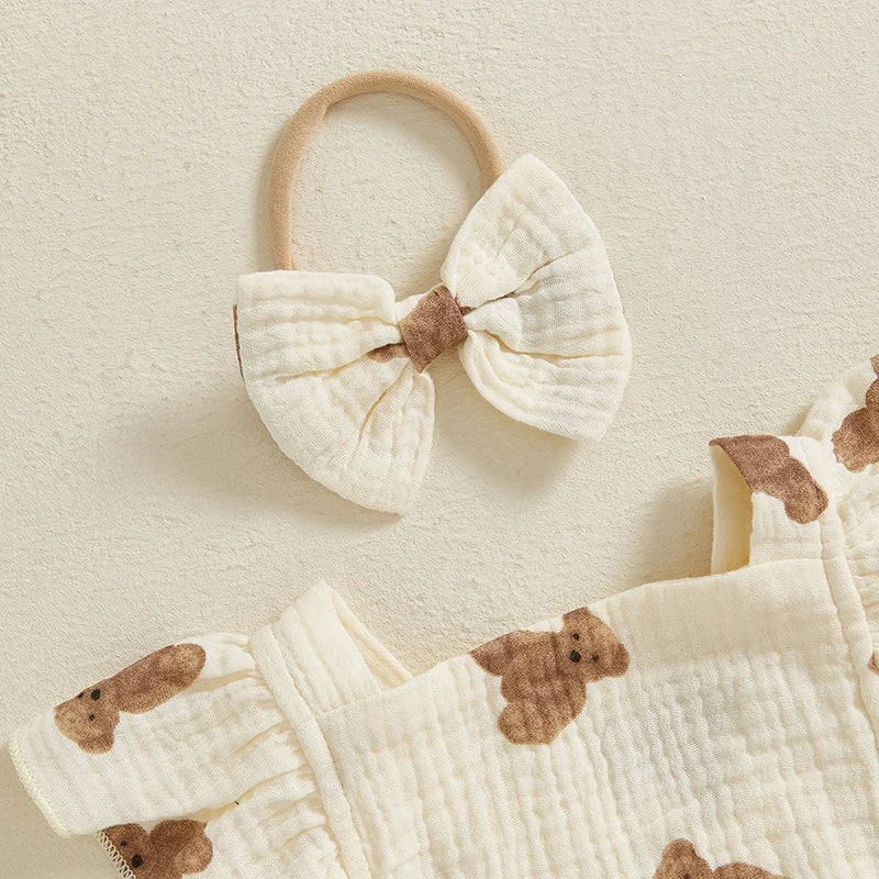 0-18M Newborn Baby Girl Bodysuits Cartoon Bear Pattern Ruffled Flying Sleeve Romper with Bow Headband Set Summer Infant Outfits