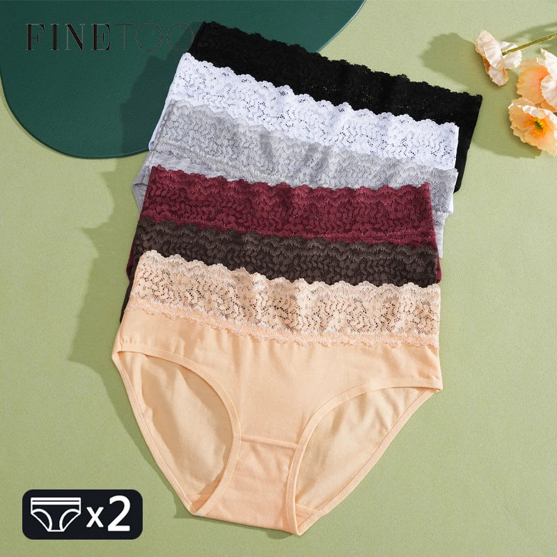 FINETOO 2Pcs Women Cotton Seamless Underwear Sexy Lace Waist Patchwork Panties Female Solid Briefs Plus size Breathable Lingerie