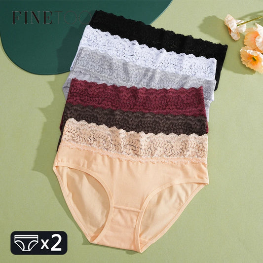 FINETOO 2Pcs Women Cotton Seamless Underwear Sexy Lace Waist Patchwork Panties Female Solid Briefs Plus size Breathable Lingerie