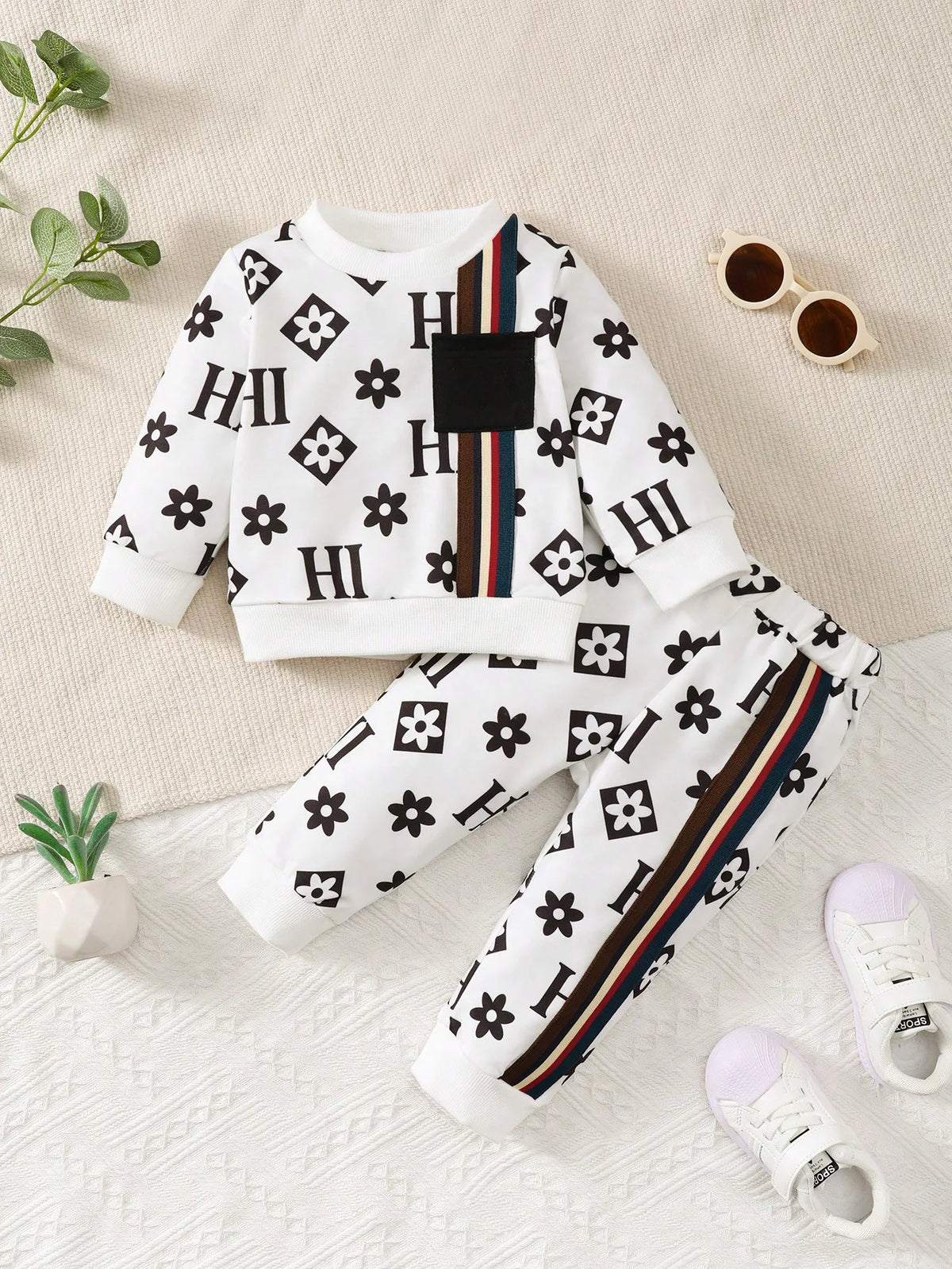 Winter  0-3 Years  Old   Infant  Baby  Girls   Floral   Print  Long  Sleeved  Sweatshirt  Set