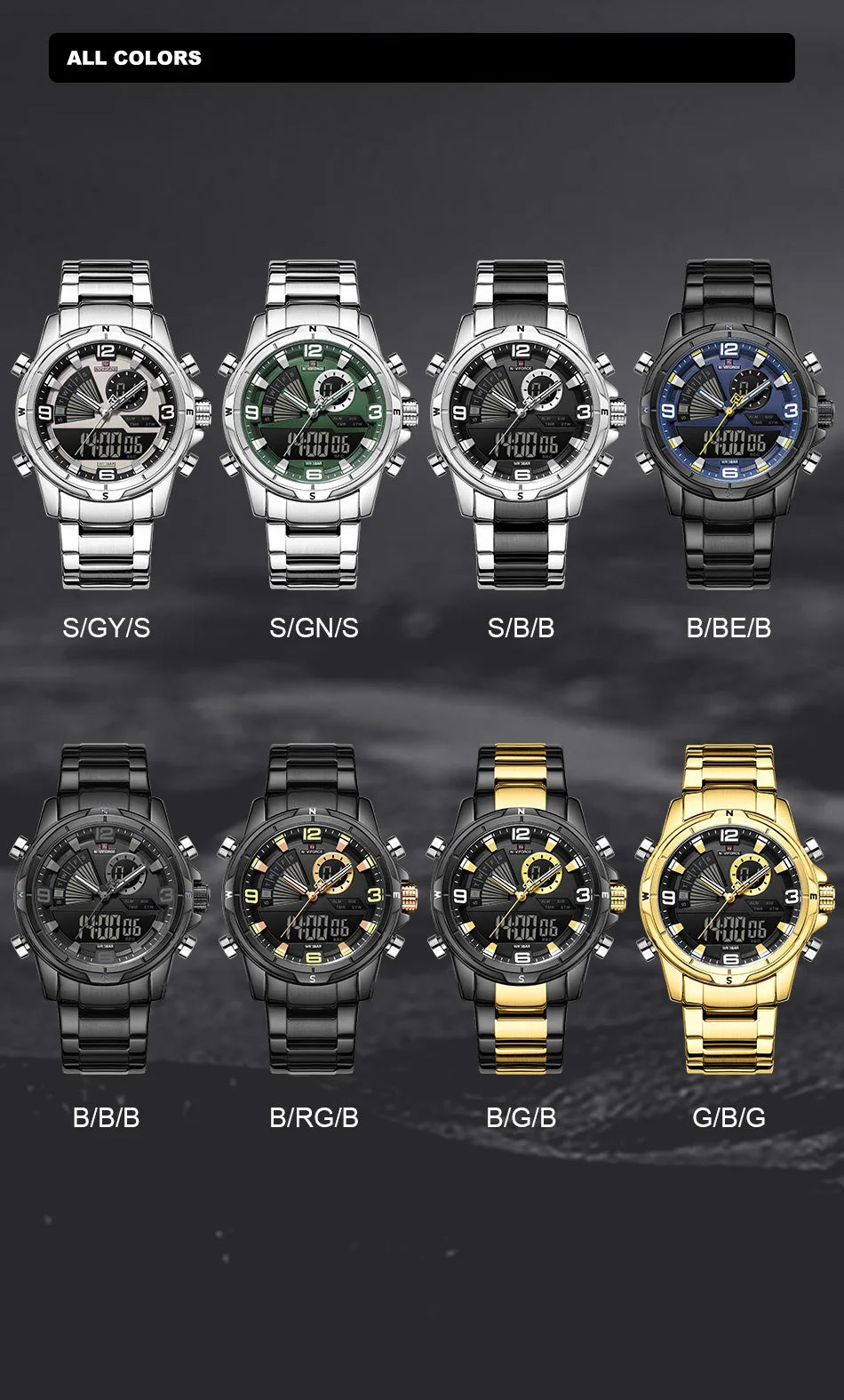 NAVIFORCE Men's Watch 3ATM Waterproof Multifunctional Dual Display with Date Stainless Steel Strap Luxury Business Wristatch
