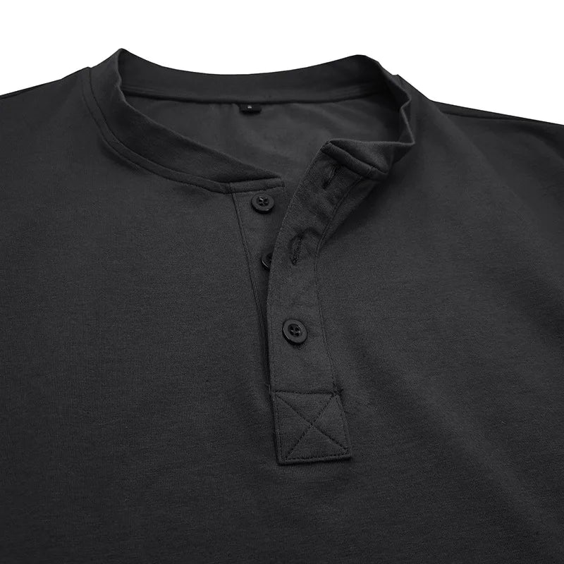 SHiONFA Spring Men's Long Sleeved T-shirt Casual Soft Cotton Base Shirt Placket Front Button Solid Color Pullover