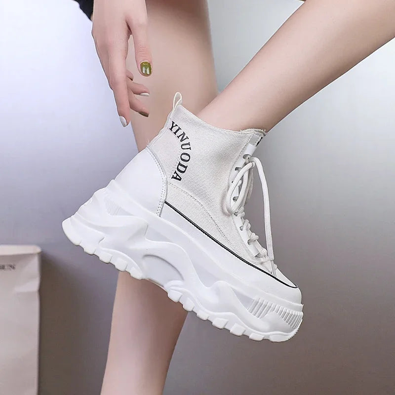 Women Sneakers High Top Platform Breathable Leather Shoes 2023 Autumn Ladies Wedges Casual Shoes For Woman Sports Dad Shoes 8CM