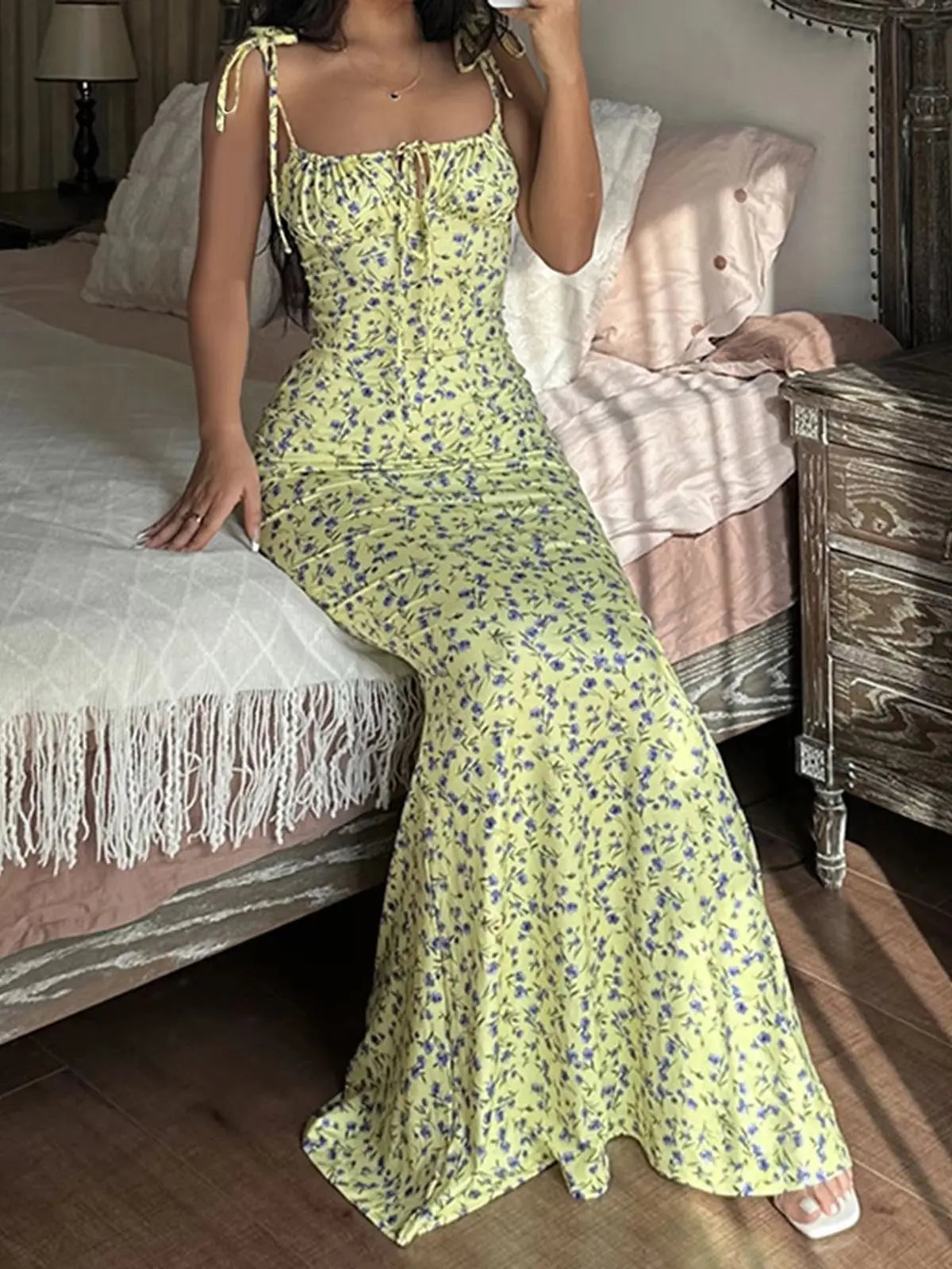 2025 Summer Floral Midi Dress Women Spaghetti Strap Tie-up V-neck Split Dress Sexy Vintage Elegant Dresses Female