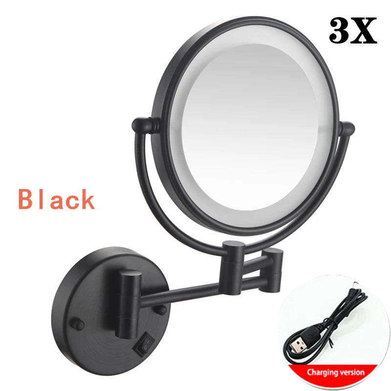 Brushed Gold LED Makeup Mirror with Brass Folding Bathroom Mirrors of 8 Inch 3X 5X Maynifying Makeup Mirror Dual Face LED Mirror