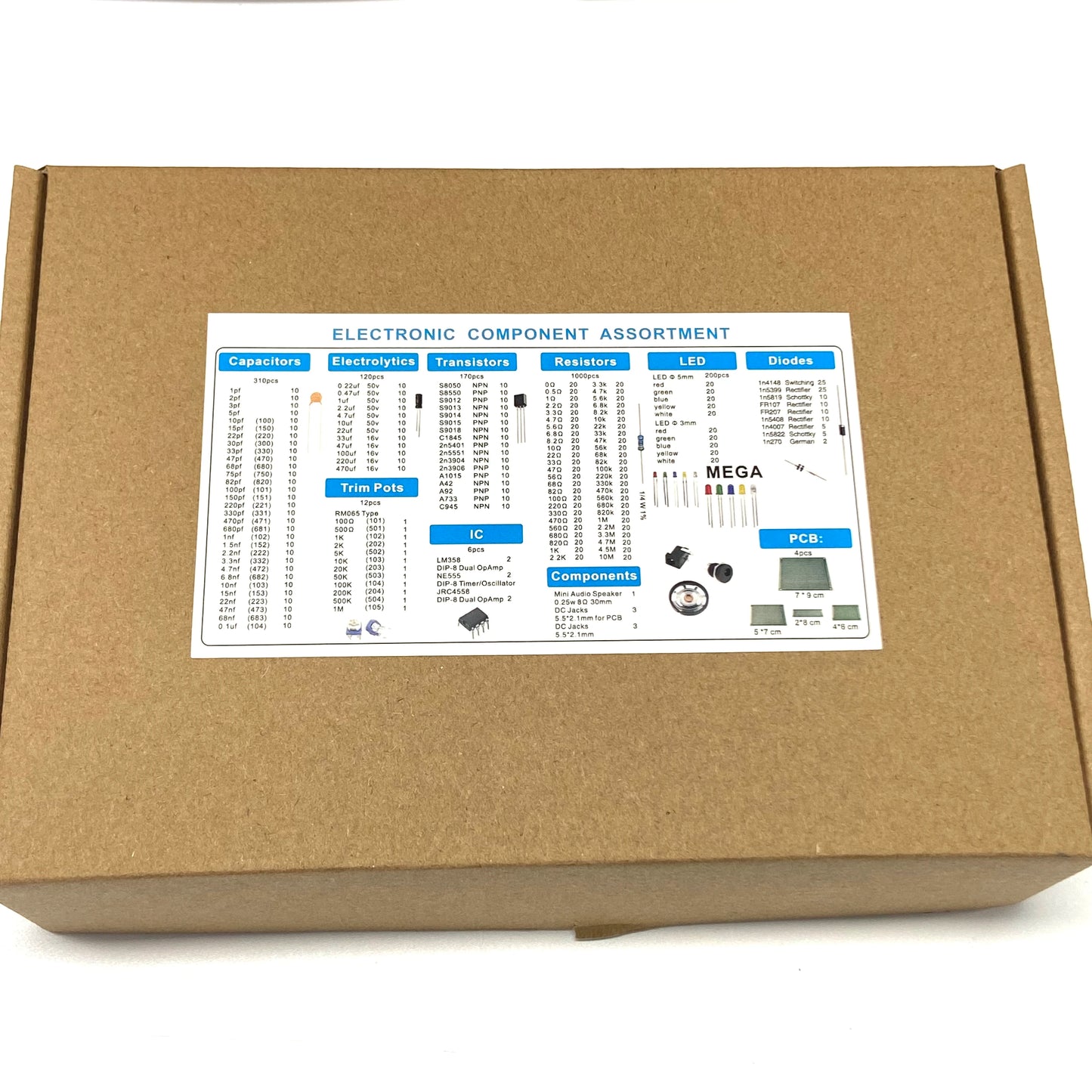 1818pcs Electronic Components Kit Ultimate Edition Various Common Capacitors Resistors Capacitors T0-92 LED Transistors PCB