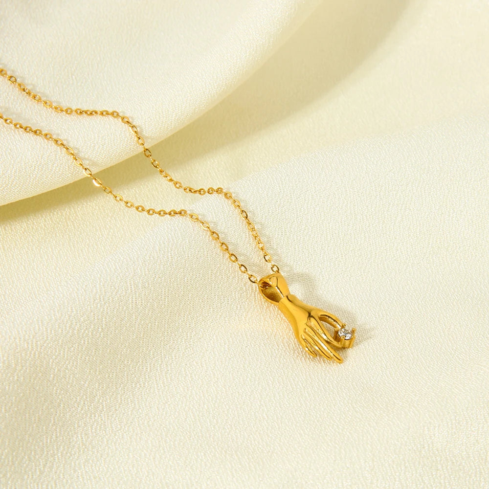 Dancy Fairy Stainless Steel Shiny Stone Abstract Palm Pendant Necklace for Women 18K Gold Color Hand Pick Star Charm Necklace