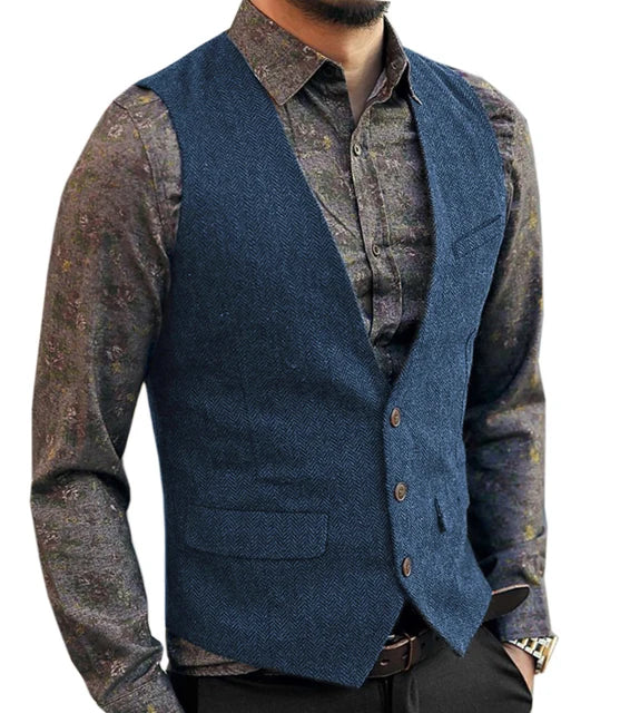 Deep V-Neck Suit Vests  Classical Formal  Business Herringbone  Wood Waistcoat Slim Fit Men's Vest For Wedding